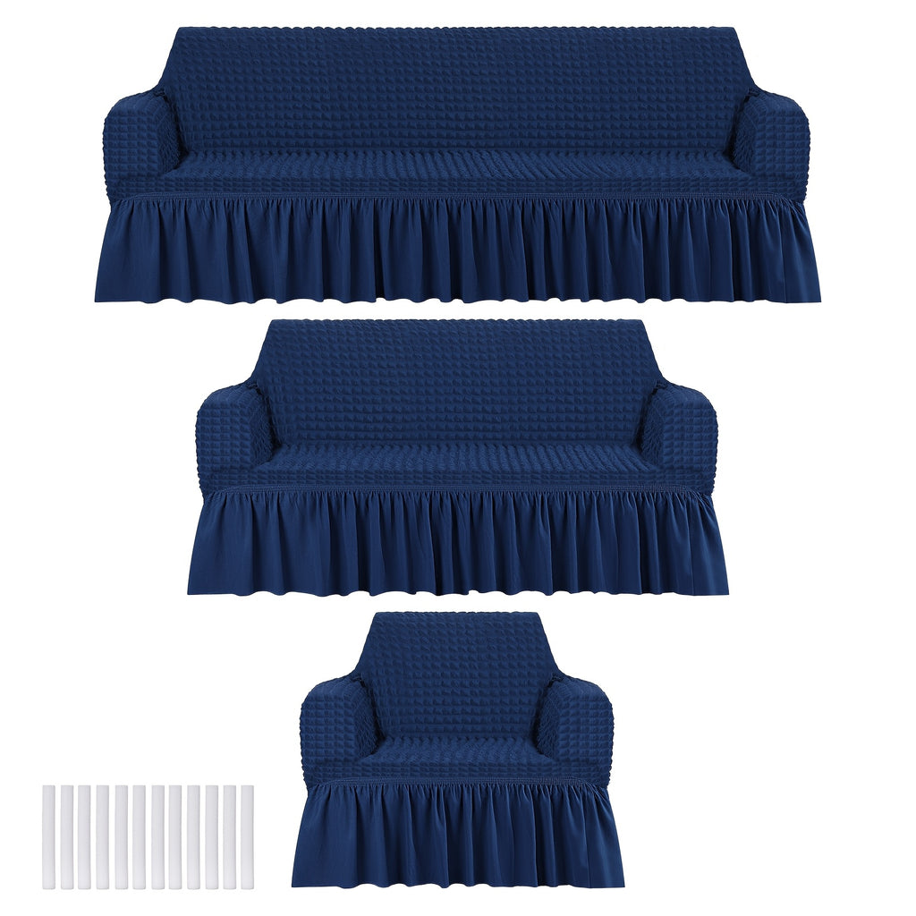 Sofa Slipcover Set 3 Piece Stretch Elastic Couch Cover with Skirt Washable Furniture Protector for Sofa Loveseat Armchair 3 Colors