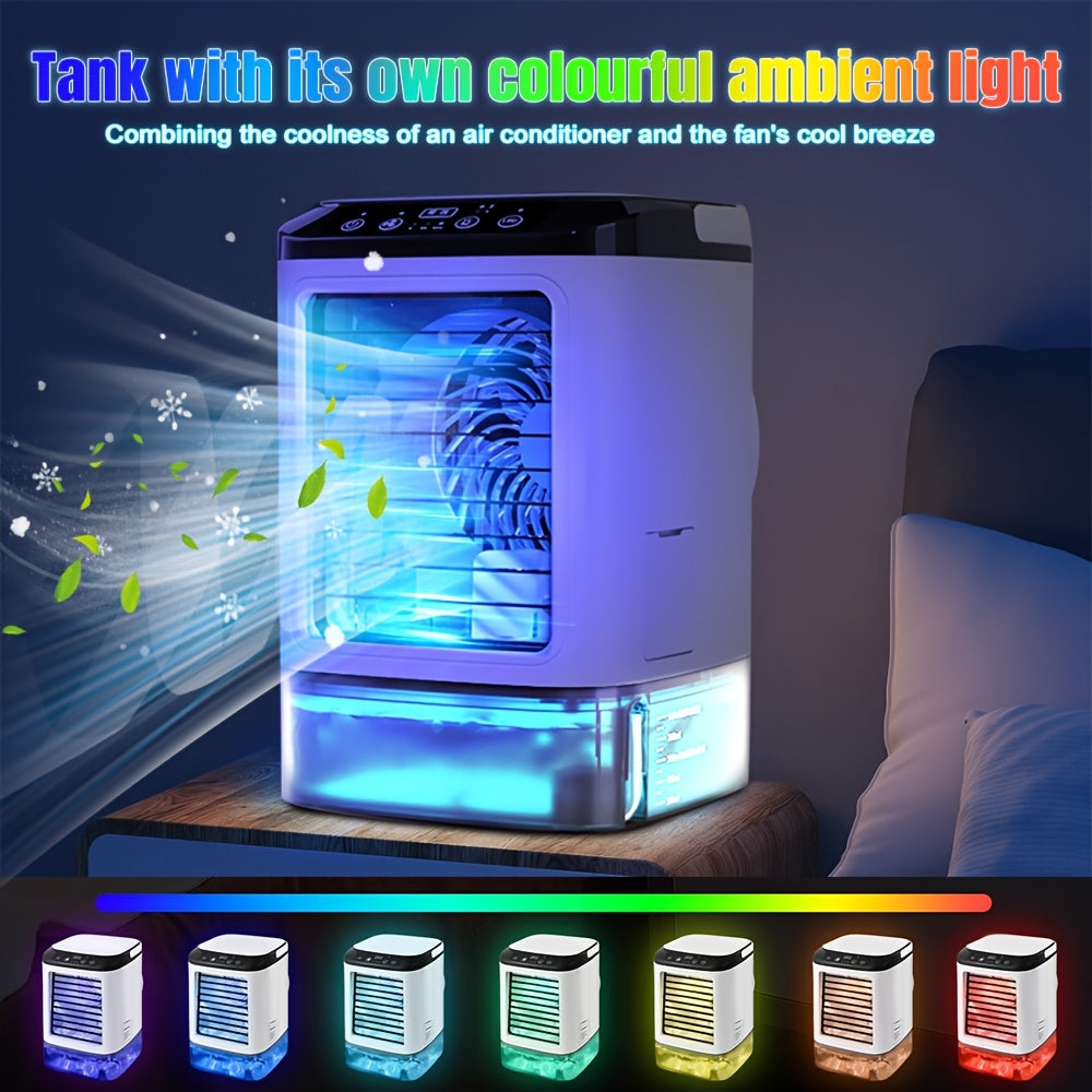 Fan Humidifier Combo USB Desk Mist Fan with Colorful LED Mood Lights Soundwave Technology 3-Speed Quiet Cooling Large Ice Box Carrying Handle Home Office Bedroom Gift