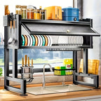 Multi-Tier Kitchen Sink Dish Drying Rack – Countertop Drainage Bowl & Chopstick Storage Shelf, Dustproof Black Kitchen Organizer, 32.68 Inch