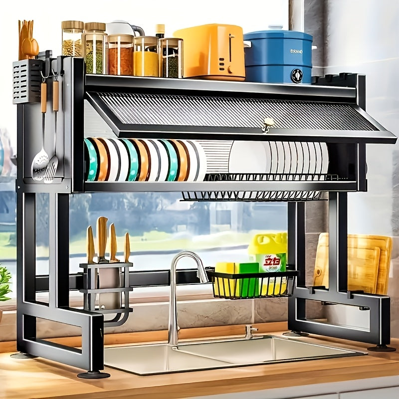 Multi-Tier Kitchen Sink Dish Drying Rack – Countertop Drainage Bowl & Chopstick Storage Shelf, Dustproof Black Kitchen Organizer, 32.68 Inch