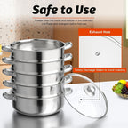 304 Stainless Steel Stackable Steamer Pot with Tempered Glass Lid – 2-Tier or 5-Tier Heavy-Duty Steam Cooker for Dumplings Vegetables Pasta Meat, Home & Commercial