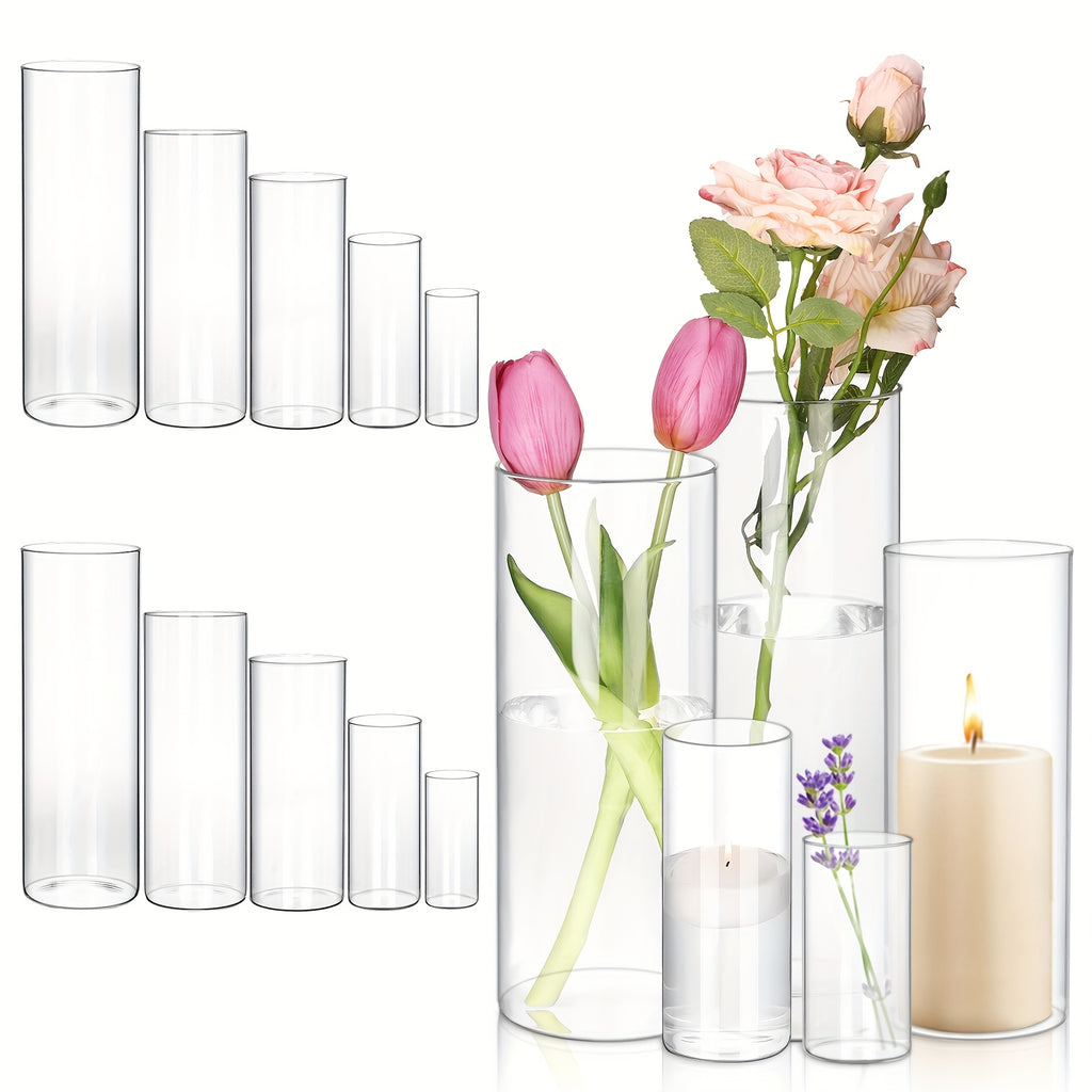 Glass Cylinder Vases Set 15/20/25/30pcs 5 Sizes – Transparent Hurricane Flower Vases for Wedding, Home, Party & Office Decor