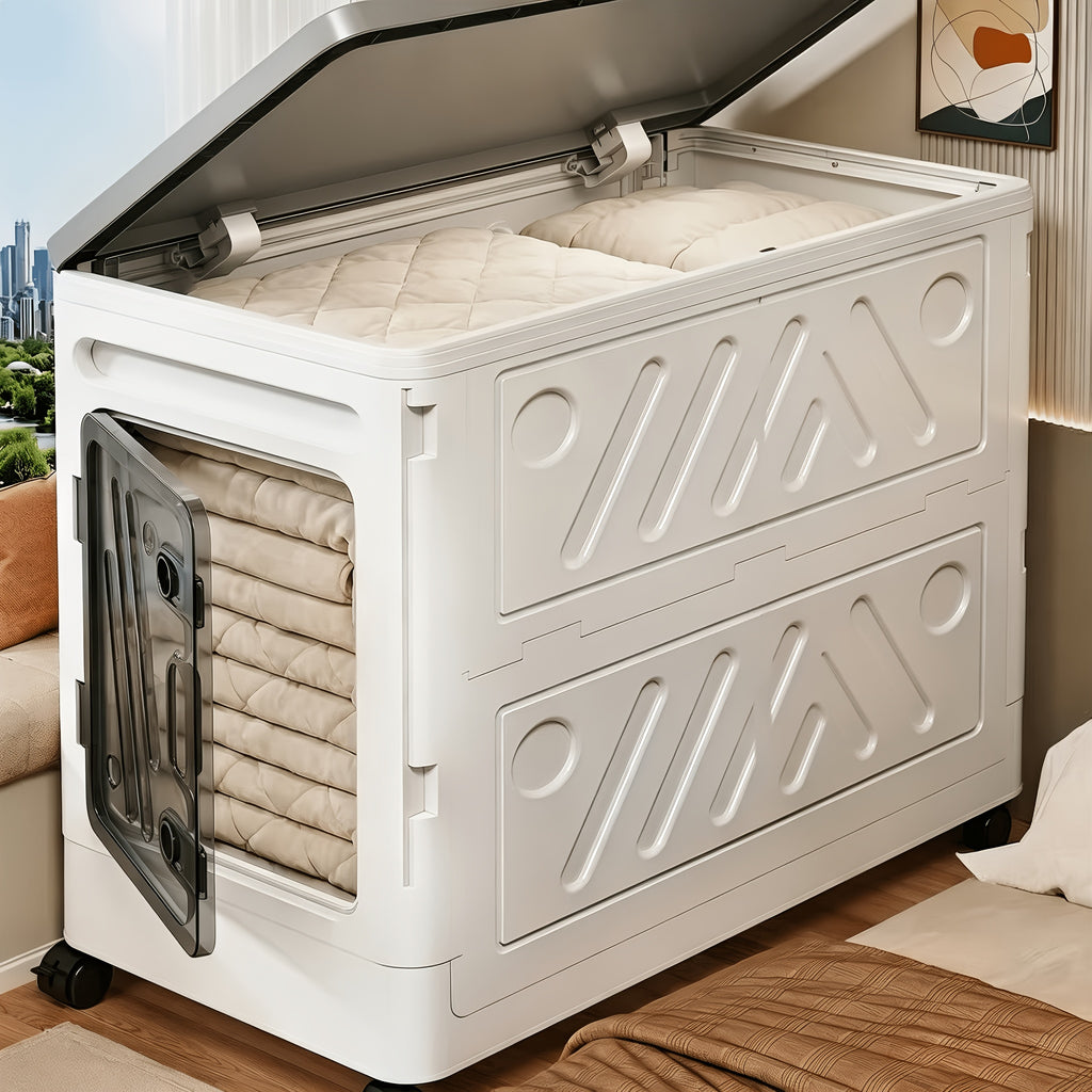 Oversized Clamshell Storage Box with Wheels 32 & 18 Gallon Large Capacity Folding Storage Cabinet Wardrobe Organizer for Clothing Bedding – Rolling Portable Closet Storage Bin with Universal Wheels