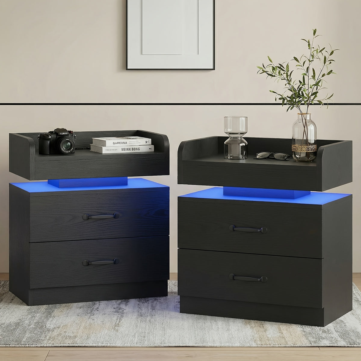 Nightstand with Charging Station LED Lights and 2 Drawers Bedside Table for Bedroom Living Room White Black Grey 1pc or 2pcs Set
