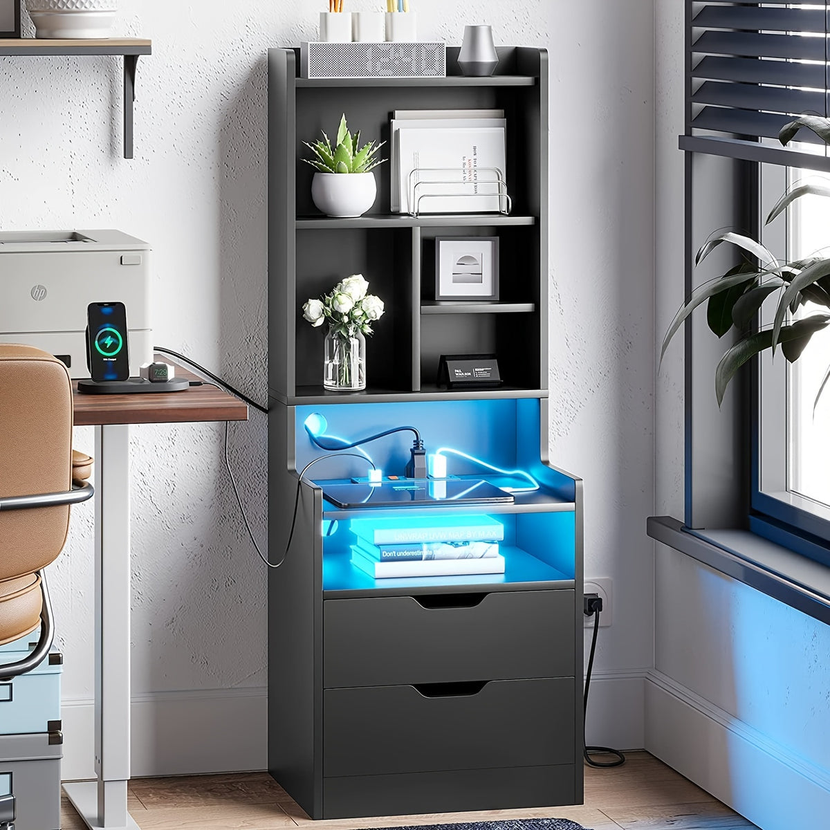 Tall Nightstand with LED Lights & Charging Station | 2 Drawers, Bookshelf & Storage Shelves, 50" Bedside End Table – Gray & Black