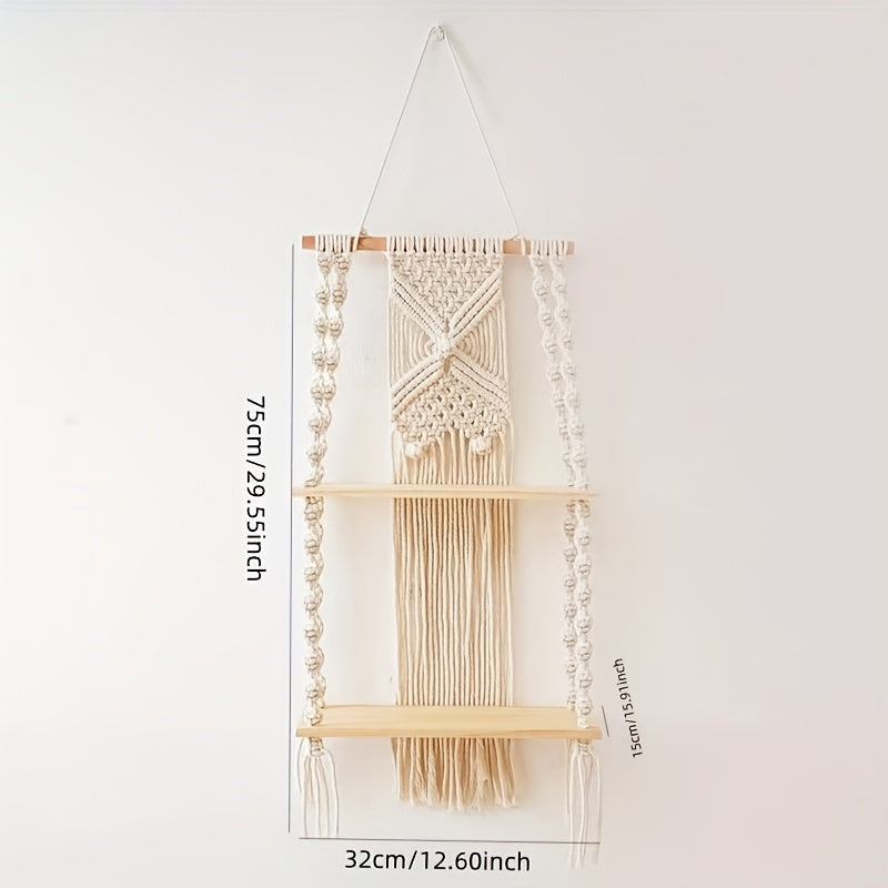 Boho Woven Wall-Mounted Floating Shelf Rack – Handcrafted Macrame Wood Storage Shelf for Bedroom, Bathroom & Bohemian Wall Decor