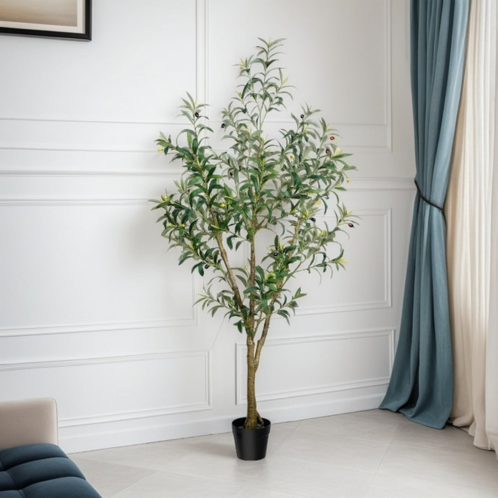 Artificial Olive Tree 5/6/7FT Multi-Trunk Pre-Potted – Lifelike Faux Indoor Tree with 706-1296 Leaves & Realistic Olives – Mediterranean Farmhouse Decor for Home, Office & Porch