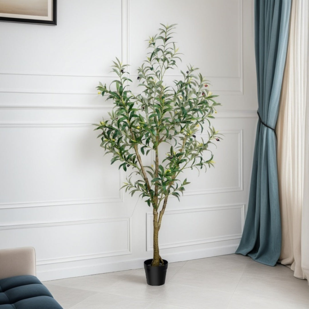 Artificial Olive Tree 5/6/7FT Multi-Trunk Pre-Potted – Lifelike Faux Indoor Tree with 706-1296 Leaves & Realistic Olives – Mediterranean Farmhouse Decor for Home, Office & Porch