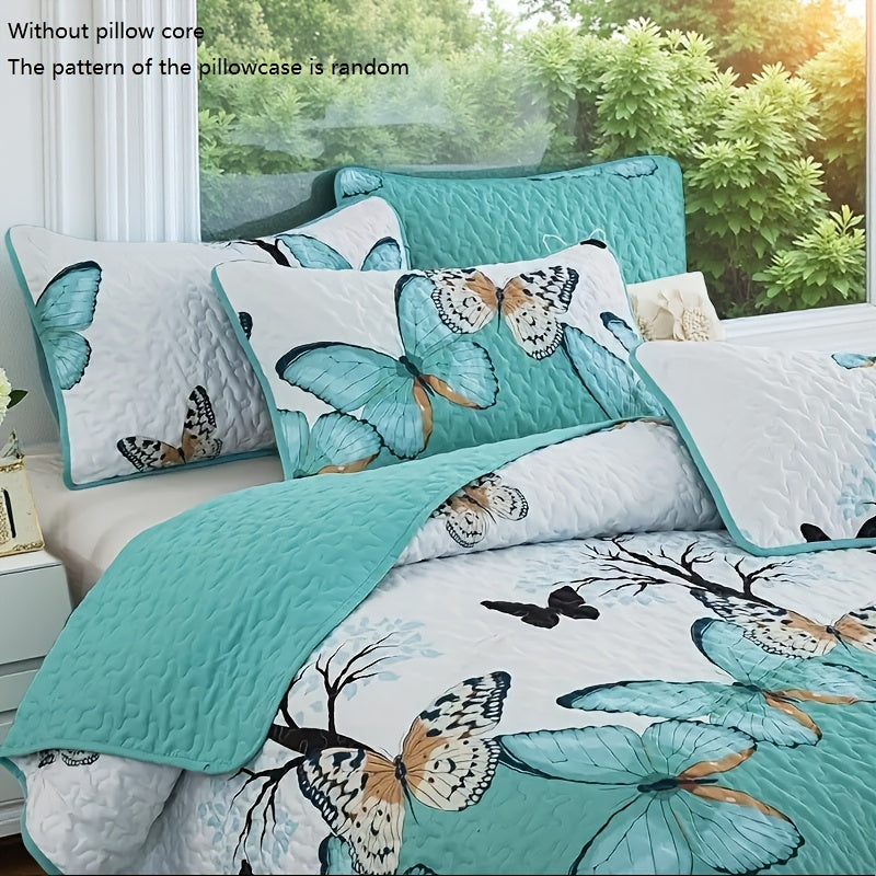Quilted Bed Cover Set 3 Piece Butterfly Print - Soft Breathable Bedspread with 2 Pillowcases, Machine Washable All-Season, Twin Full Queen King
