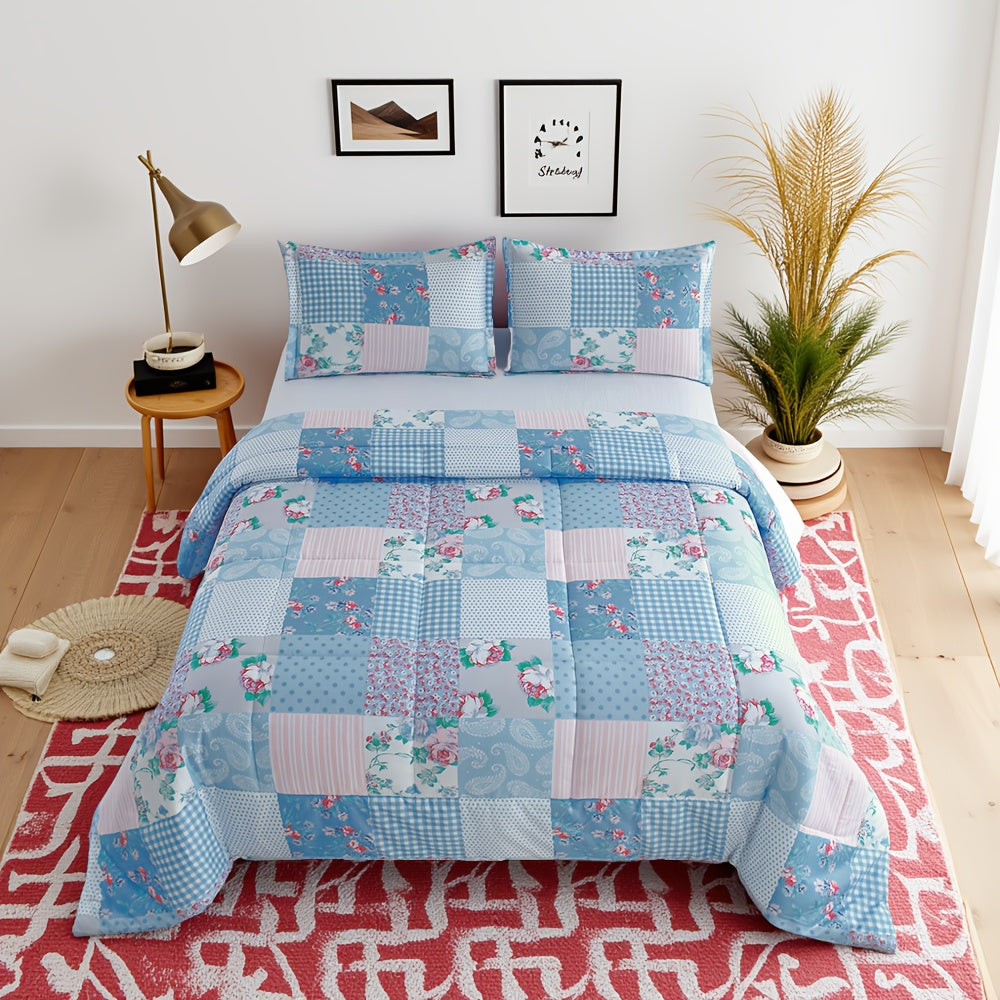 Blue Checkered Floral Comforter Set 2/3 Piece – Lightweight All-Season Quilt with Pillowcases, Soft Bedding Set Twin Queen King, Machine Washable