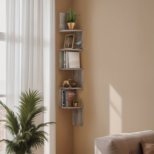 5-Tier Corner Floating Shelf Wall Mount Space-Saving Display Organizer Storage Rack for Bedroom Living Room 7.9x7.9x49.6 Inch Black White Brown