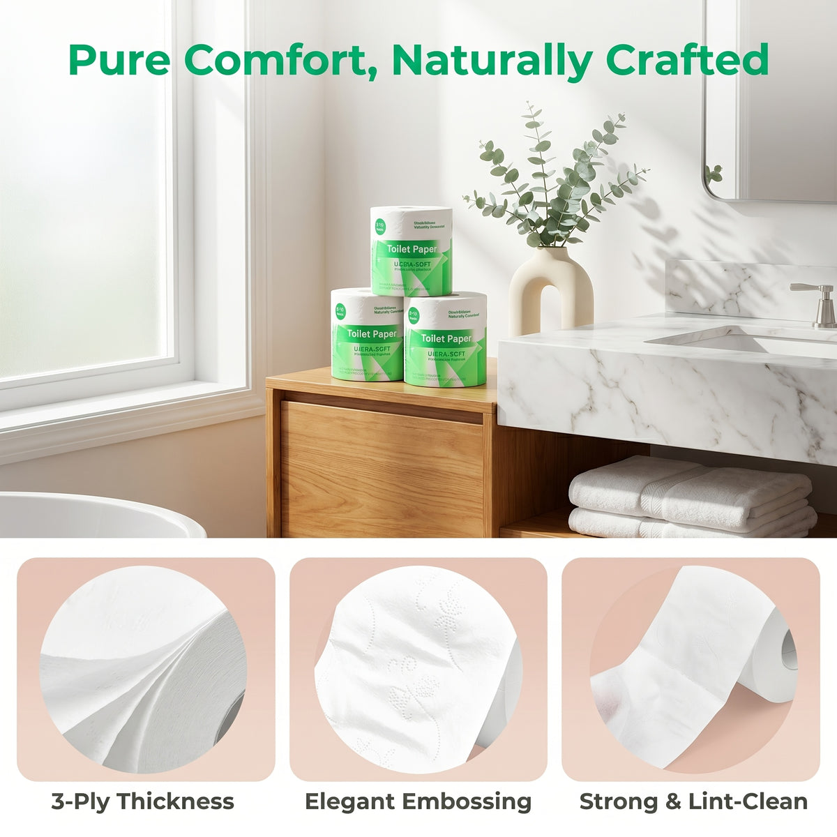 3-Ply Ultra Soft Toilet Paper Bulk 12 or 24 Rolls, Thick Bathroom Tissue, Strong Absorbent Individually Wrapped Toilet Tissue Rolls for Home Hotel Office Restroom