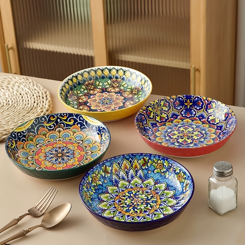 Bohemian Ceramic Dinner Plates Set of 4 – Handcrafted Boho Floral & Mandala Design, Vibrant Colors, Dishwasher Oven Microwave Safe, Perfect for Holidays & Family Gatherings