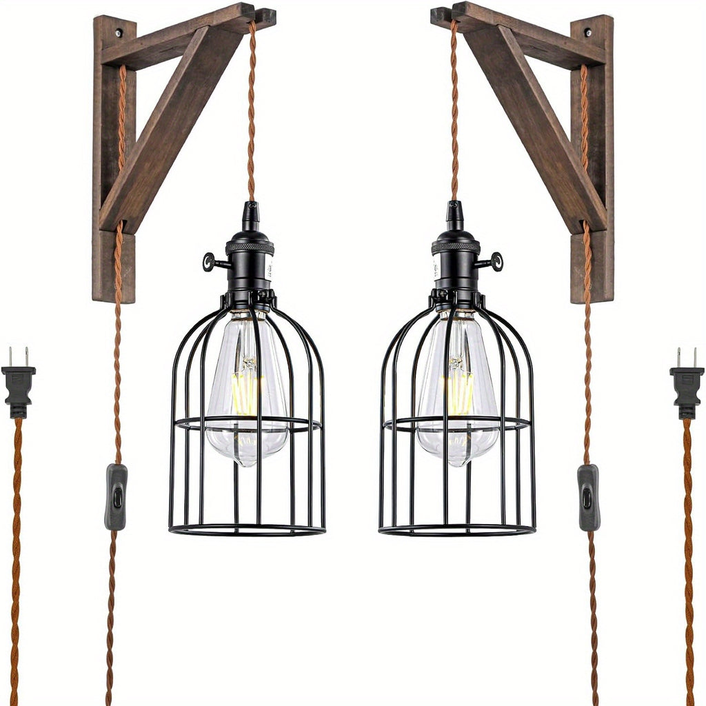 Plug-In Wall Sconces Farmhouse Rustic Metal Cage with Wooden Bracket – Hanging Lamps That Plug Into Wall Outlet for Bedroom, Living Room & Headboard – 1 or 2 Pack