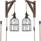 Plug-In Wall Sconces Farmhouse Rustic Metal Cage with Wooden Bracket – Hanging Lamps That Plug Into Wall Outlet for Bedroom, Living Room & Headboard – 1 or 2 Pack