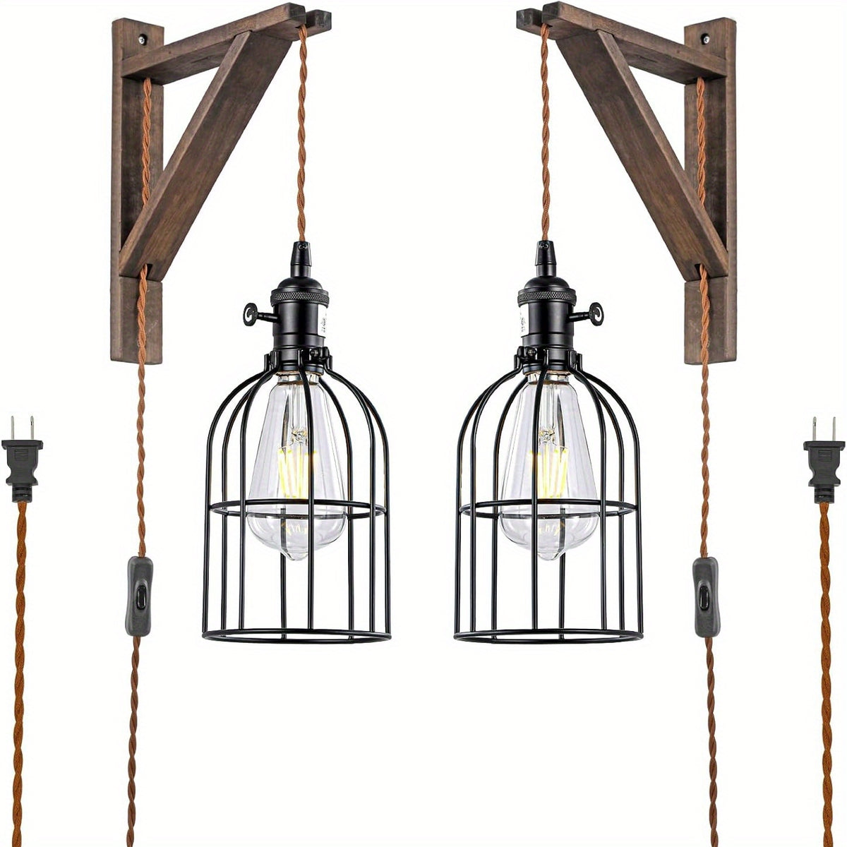 Plug-In Wall Sconces Farmhouse Rustic Metal Cage with Wooden Bracket – Hanging Lamps That Plug Into Wall Outlet for Bedroom, Living Room & Headboard – 1 or 2 Pack