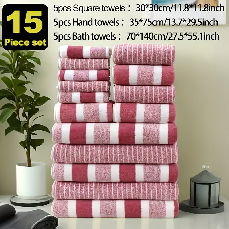 Classic Striped Bath Towel Set – 9 or 15 Piece No-Hair-Loss Super Absorbent Two-Color Towel Bundle | Large Bath Towels, Face Towels & Hand Towels for Bathroom & Beach