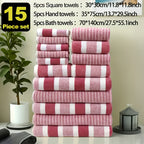 Classic Striped Bath Towel Set – 9 or 15 Piece No-Hair-Loss Super Absorbent Two-Color Towel Bundle | Large Bath Towels, Face Towels & Hand Towels for Bathroom & Beach