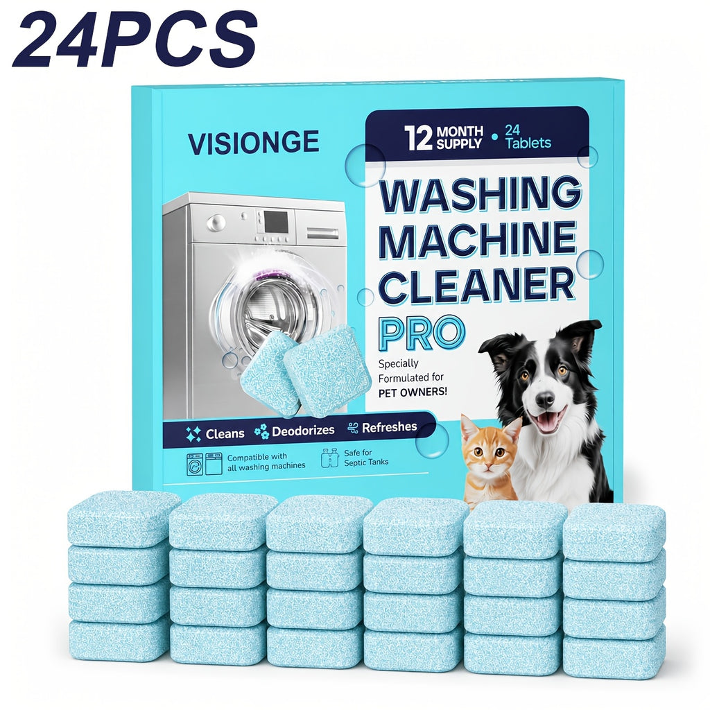 Washing Machine Cleaner Tablets 24-Pack – 12-Month Supply, Deep Clean & Deodorize for Pet Owners, Front & Top Load Safe