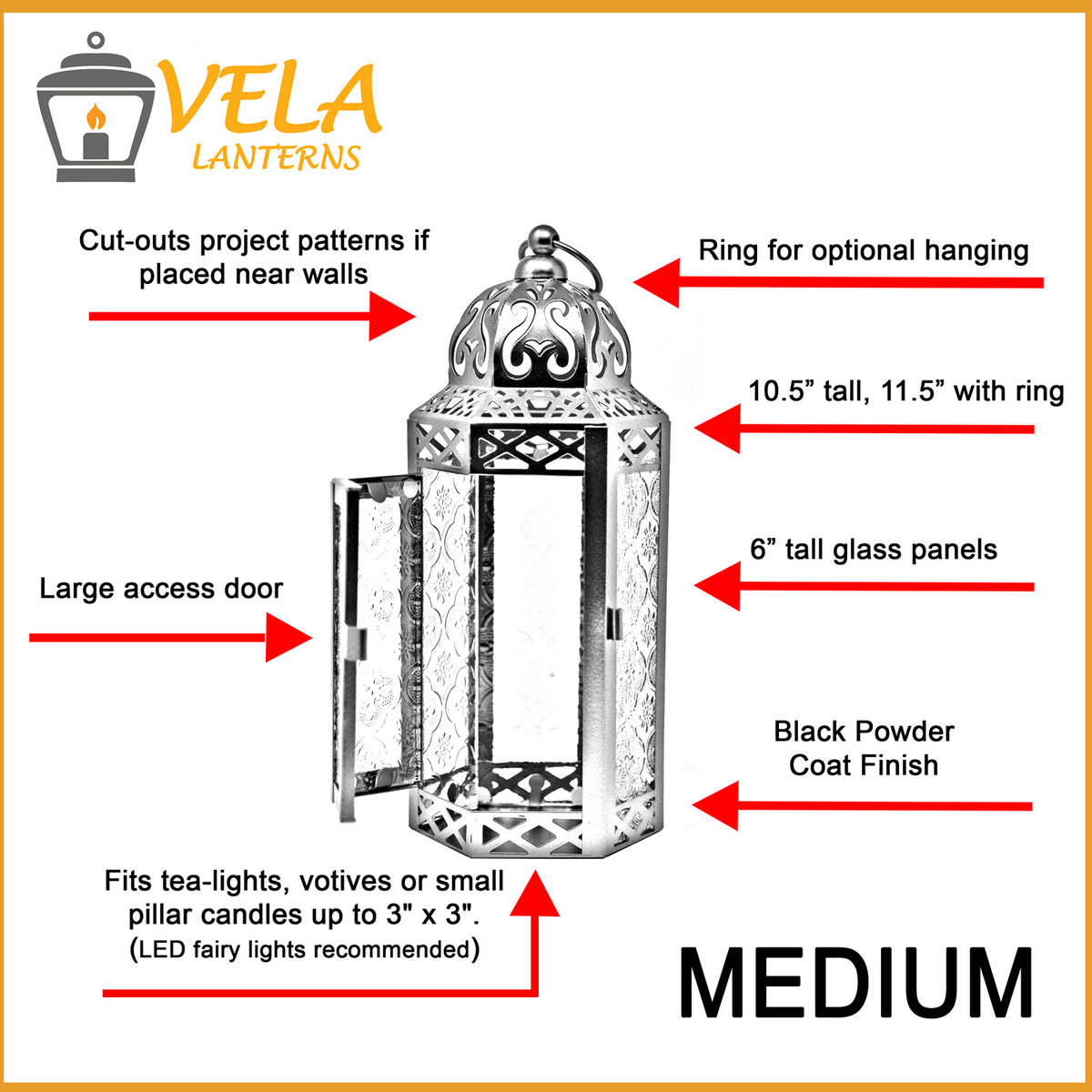 Moroccan Candle Lantern Holder Medium 10.5 Inch – Handcrafted Glass Iron Metal Lantern with Embossed Floral Panels, 17 Colors, Indoor Outdoor Use for Ramadan, Wedding, Patio, Diwali & Home Decor