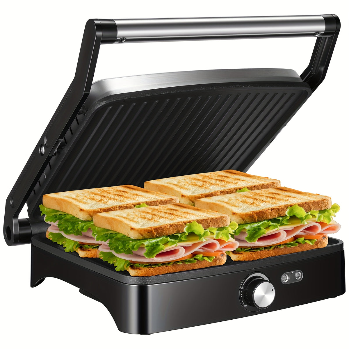 1200W Panini Press & Sandwich Maker 4-Slice Non-Stick Grill, 180° Flat Open, Adjustable Temp 120–428°F, Removable Drip Tray, LED Indicator, Cool-Touch Handle