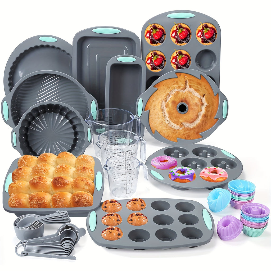 Silicone Bakeware Set – 45, 53 or 83-Piece with Cake Molds, Baking Sheet, Donut Pan, Muffin Pan, Baking Cups & Measuring Cups and Spoons