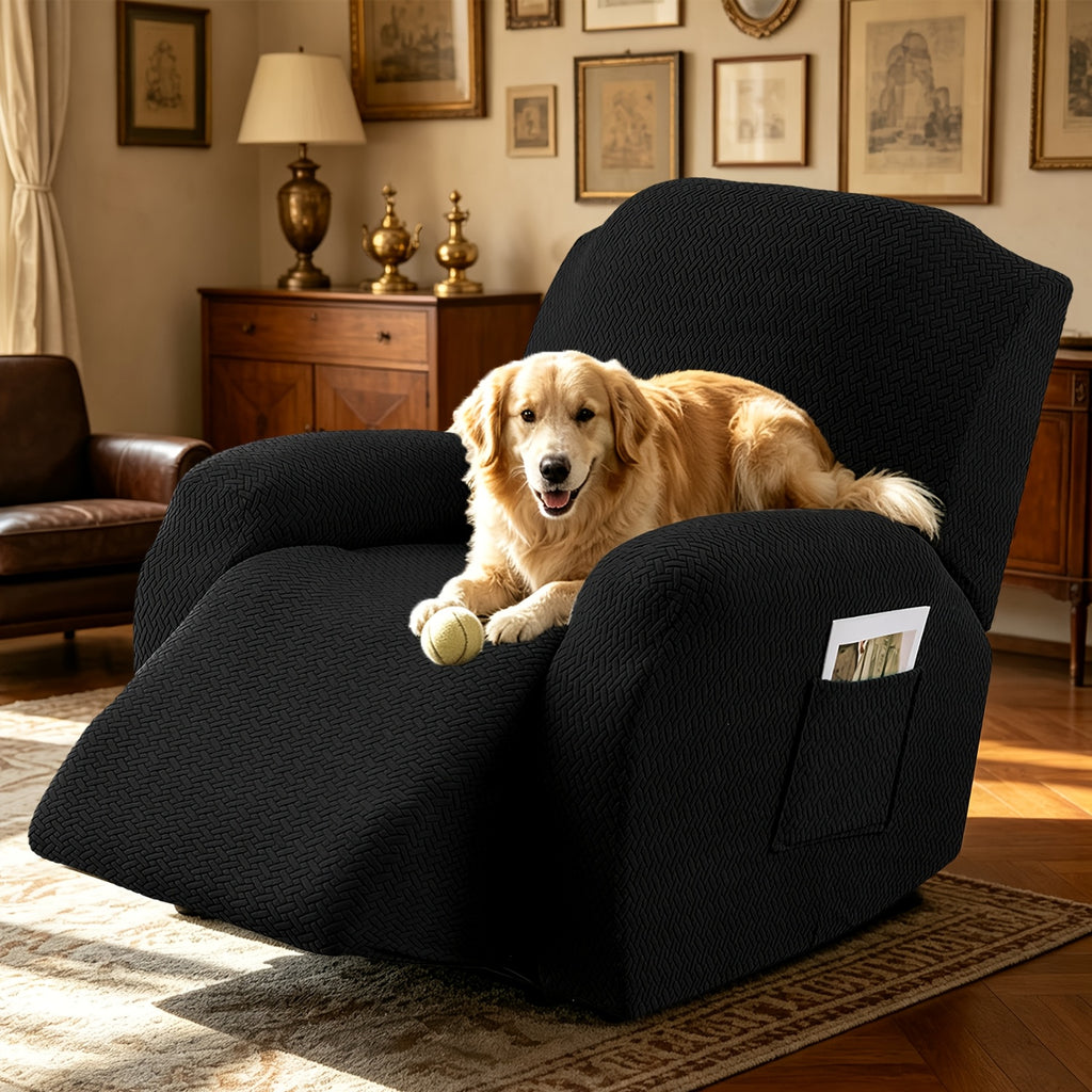 Recliner Sofa Cover 4pcs Set Jacquard Velvet High Elastic with Pocket – Removable Washable Chair & Sofa Protection Cover for Home Hotel, 7 Colors