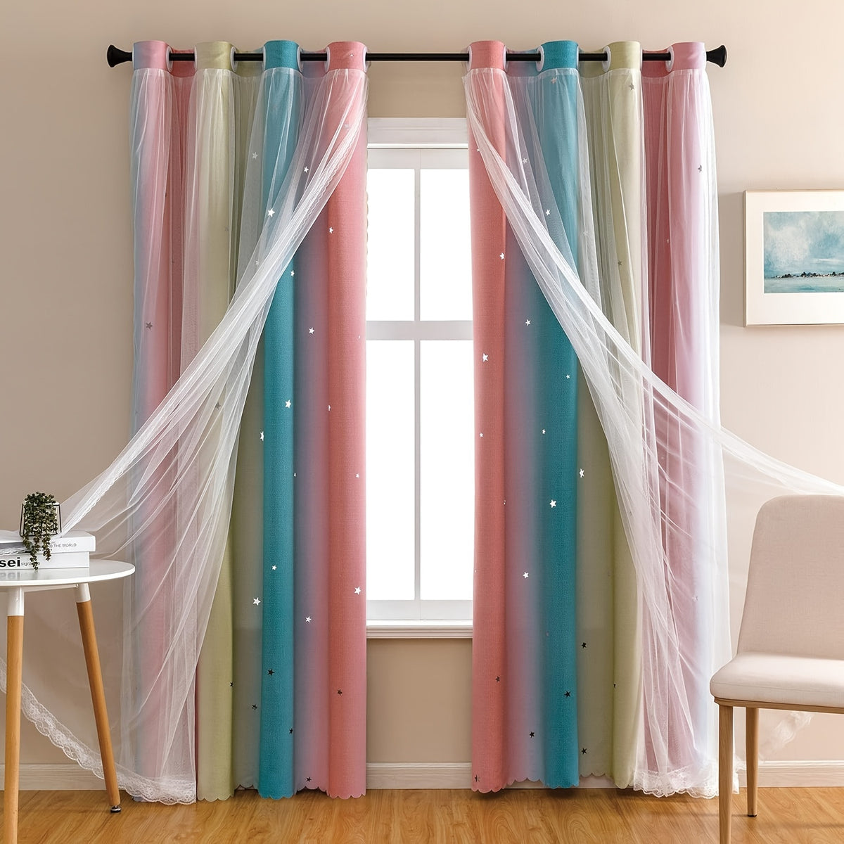 Double Layer Sheer & Blackout Curtains – Elegant Romantic Window Panels for Living Room & Bedroom, Heat Insulation, Pink Yellow Blue | W34–W51 x H63–H84 in | Nuvia Haven