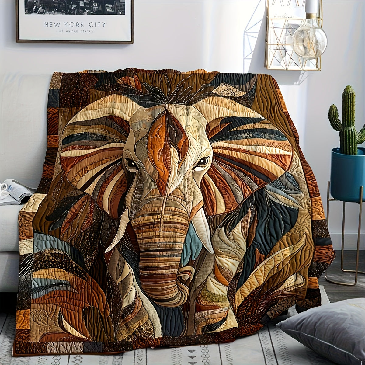 Elephant Flannel Throw Blanket Digital Print Abstract Art Multicolor Hypoallergenic Machine Washable All Season Animal Blanket for Sofa Bed