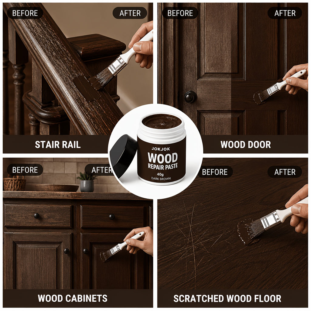 Wood Touch-Up Repair Paste with Brush – 4 Colors White, Light, Medium & Dark Brown for Scratches, Chips, Dents & Faded Wood on Floors, Cabinets, Doors, Tables & Chairs