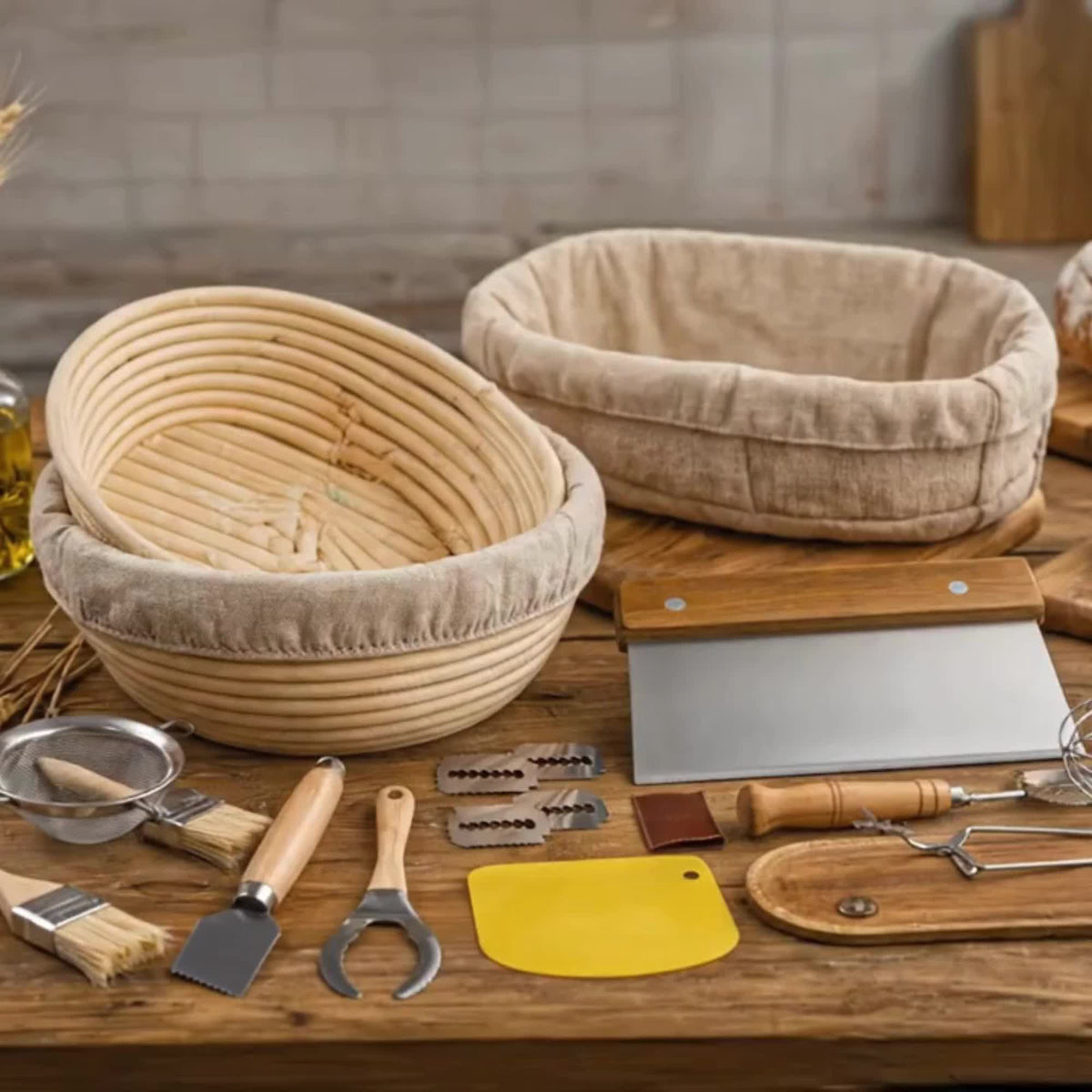 Sourdough Bread Baking Supplies Kit – Banneton Proofing Baskets (10" Round & 9" Oval), Danish Dough Whisk, Bread Lame, Dough Scrapers, Cooking Brush & Basket Liners – Complete Starter Bread Making Set Gift