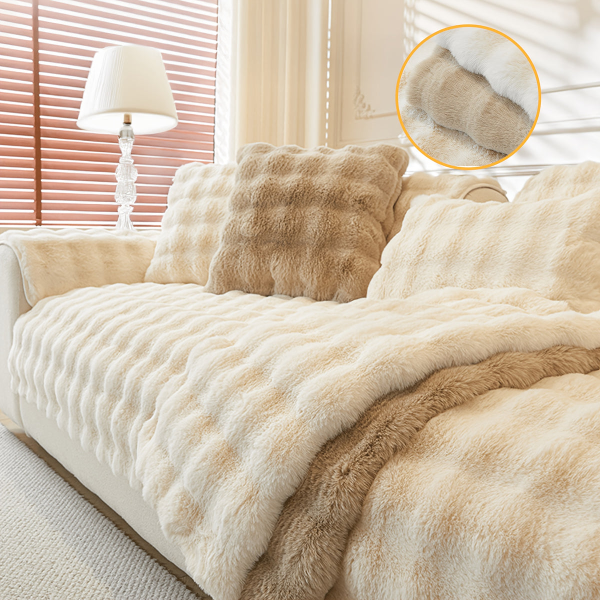 Bubble Faux Rabbit Fur Sofa Cover Non-Slip Stretchable 3/4 Seat Slipcover – Silicone Grip Breathable Furniture Protector for Living Room, Bed & Dorm, Machine Washable in Beige, Dark Grey & Khaki
