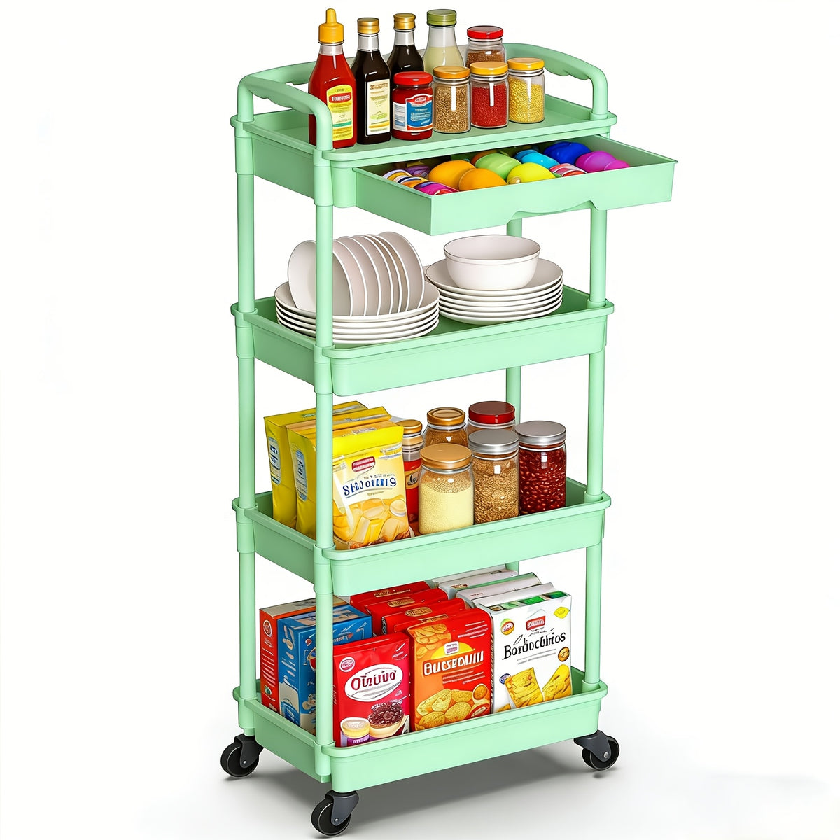 3/4-Tier Rolling Storage Cart with Drawers – Plastic Organizer with Lockable Wheels, Cup Holder & Hooks | Kitchen, Bathroom, Bedroom & Laundry Room