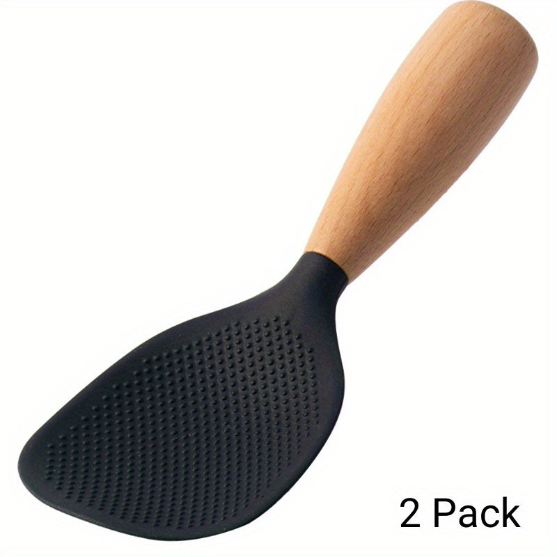 Silicone Rice Spoon with Wooden Handle 2 Pack Heat Resistant Standing Serving Spatula for Nonstick Pans Rice Cooker Grains Potato Orange White Green Gray Black