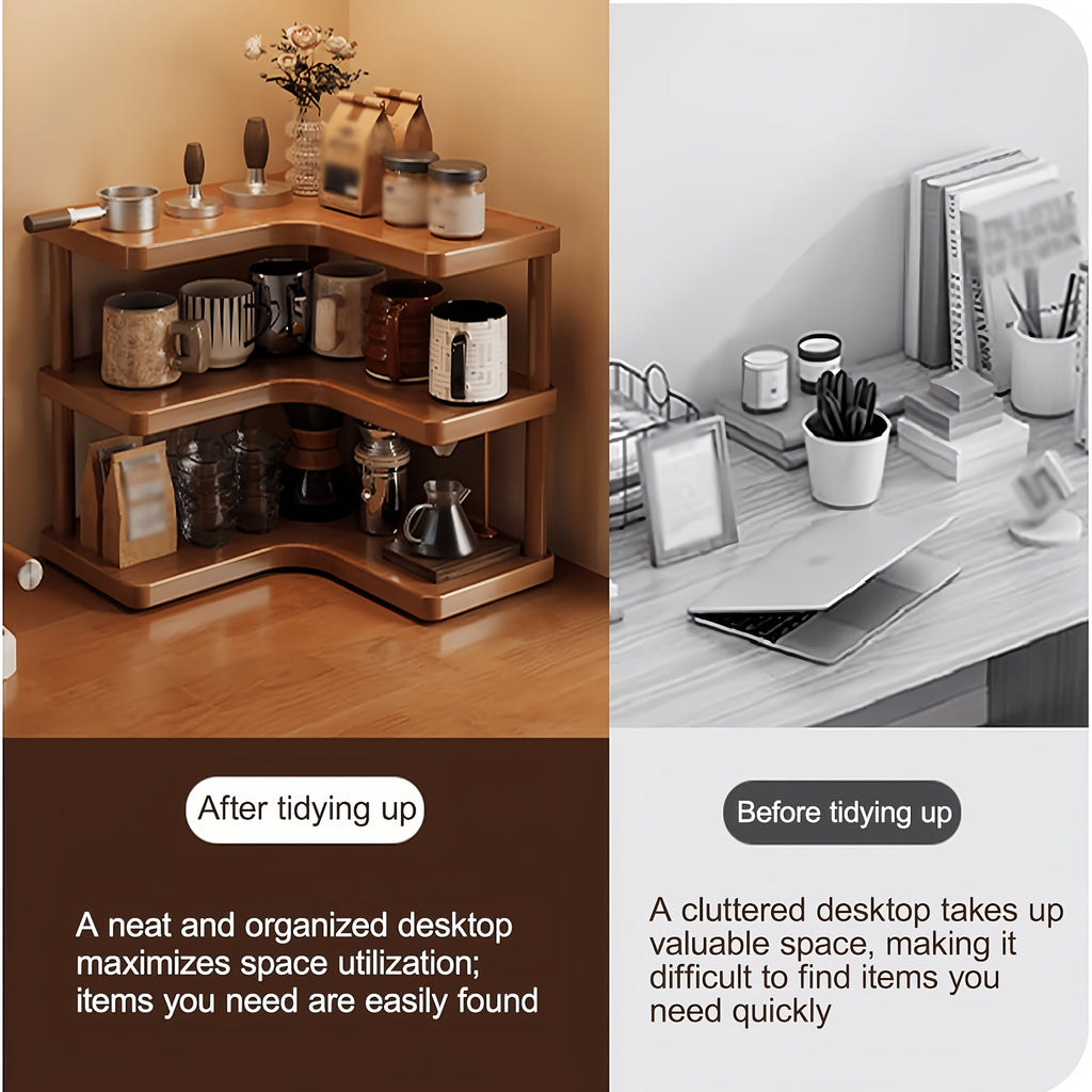 Corner Shelf Organizer – 2 & 3 Tier Triangular Wood Shelf for Kitchen, Coffee Bar, Desk & Wall Corner Storage | Rustic Farmhouse Style