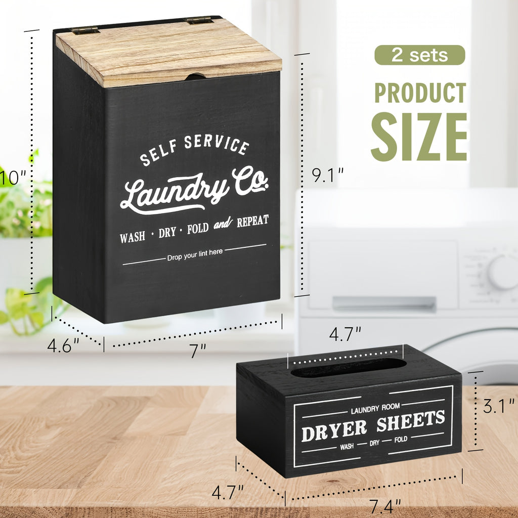 Magnetic Lint & Dryer Sheet Holder Set of 2 – Farmhouse Wood Lint Trash Can with Lid & Magnetic Dryer Sheet Dispenser Box for Laundry Room, Dryer & Wall Mounted Lint Basket