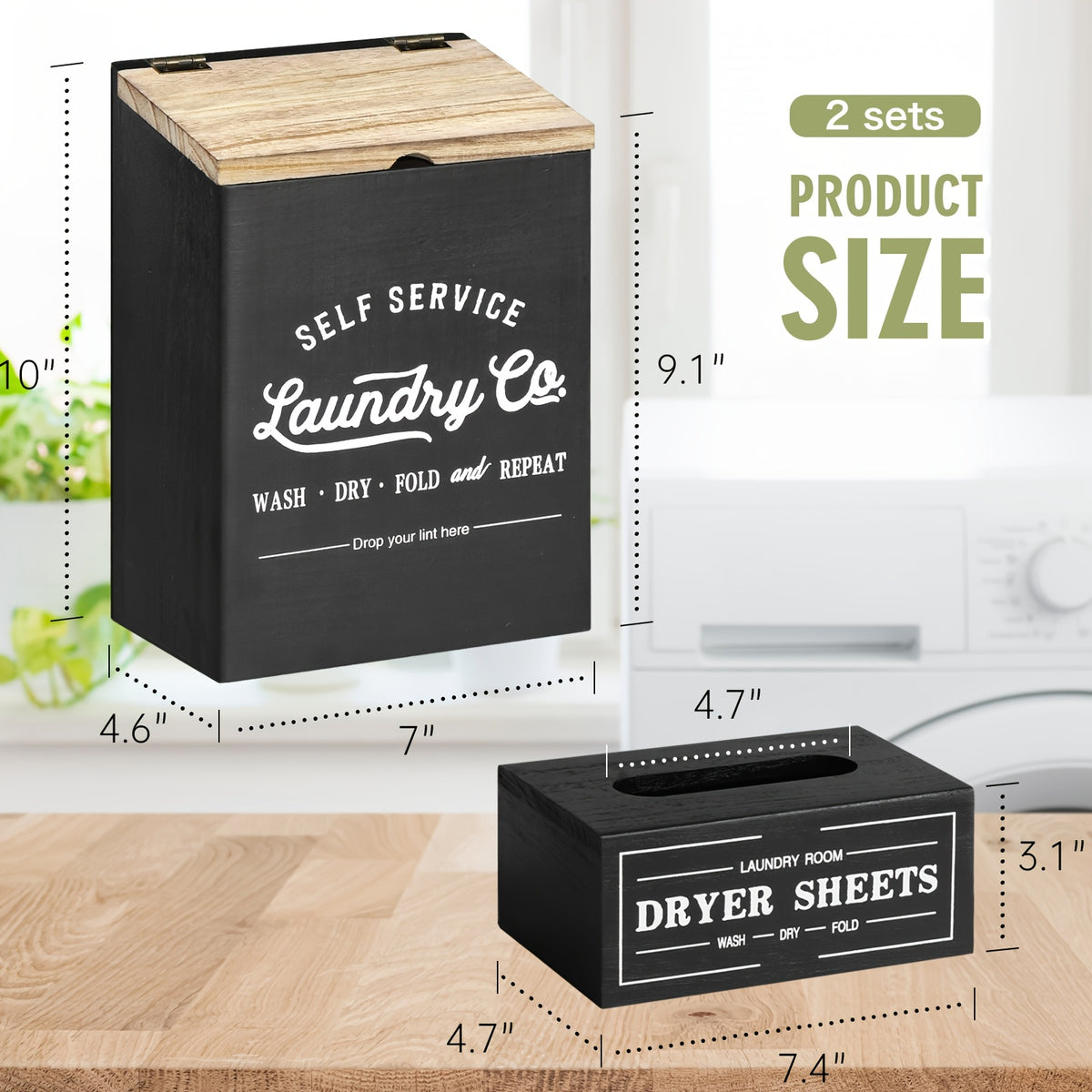 Magnetic Lint & Dryer Sheet Holder Set of 2 – Farmhouse Wood Lint Trash Can with Lid & Magnetic Dryer Sheet Dispenser Box for Laundry Room, Dryer & Wall Mounted Lint Basket