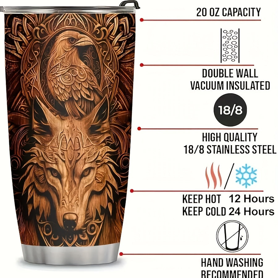 Viking Tumbler 20oz Insulated Stainless Steel - Wolf & Eagle Design Travel Cup with Straw & Lid, Durable Brown Tumbler for Car, Office & Camping, Viking Gift for Men & Women