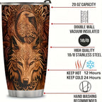 Viking Tumbler 20oz Insulated Stainless Steel - Wolf & Eagle Design Travel Cup with Straw & Lid, Durable Brown Tumbler for Car, Office & Camping, Viking Gift for Men & Women