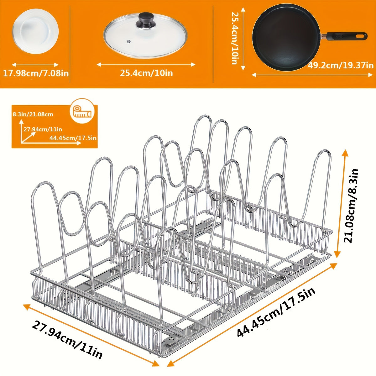 Pots & Pans Organizer Rack for Under Cabinet – 10 Adjustable Dividers, Pull-Out Chrome Steel, for Pot Lids, Cutting Boards & Bakeware, 11” W × 17.5” D × 8.3” H