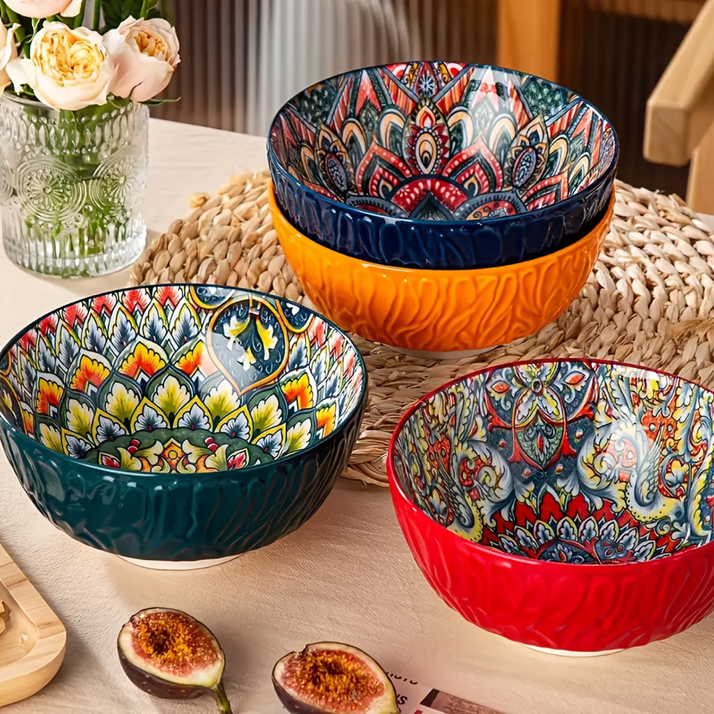 Bohemian Ceramic Salad Bowl Set of 4 with Wavy Edges 6.5" – Microwave Safe Vintage Floral Bowls for Pasta, Soup, Oatmeal & Cereal – Gift-Ready Dinnerware