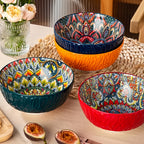 Bohemian Ceramic Salad Bowl Set of 4 with Wavy Edges 6.5" – Microwave Safe Vintage Floral Bowls for Pasta, Soup, Oatmeal & Cereal – Gift-Ready Dinnerware