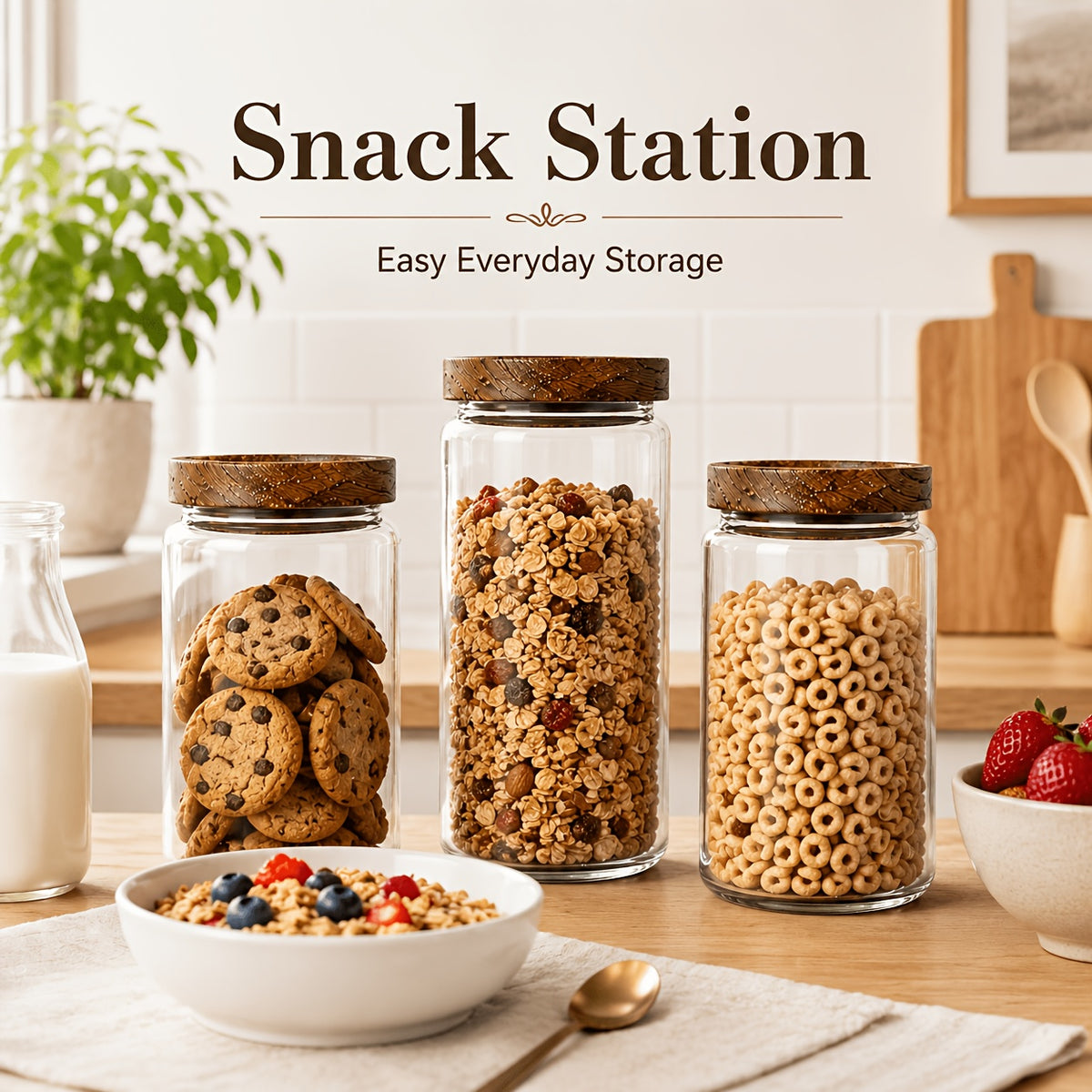 Glass Food Storage Jars with Wooden Lids 4-Piece Set – Airtight Transparent Kitchen Canister Set for Coffee Beans, Spices, Snacks & Dry Goods | 16/25/34/53 oz