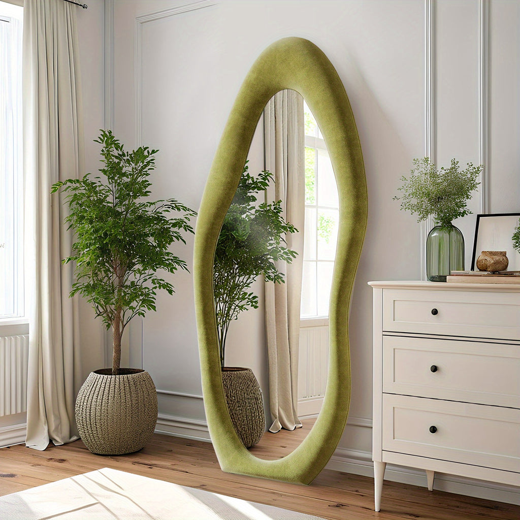 Full Length Mirror 63x24 Inch Irregular Body Floor Mirror with Flannel Frame Leaning Wall Hanging Mirror for Bedroom Entryway Living Room