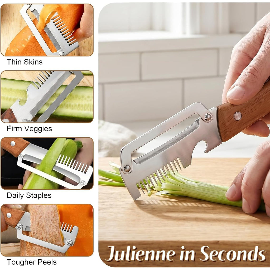 Vegetable Peeler Set 4-Piece Wooden Handle Stainless Steel Wide Blade – 3-in-1 Peeler Shredder & Bottle Opener for Potato Carrot, Kitchen Camping Travel Holiday Banquet Tool