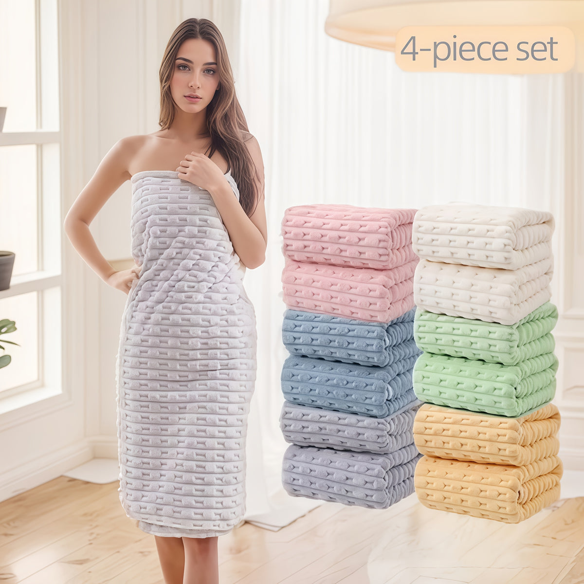 Waffle Bath Towels Set of 4 – Super Absorbent Quick-Dry Coral Fleece Bath Sheets, 280GSM Soft Spa Towels for Adults, 55x28 Inch Large Bath Towel Set