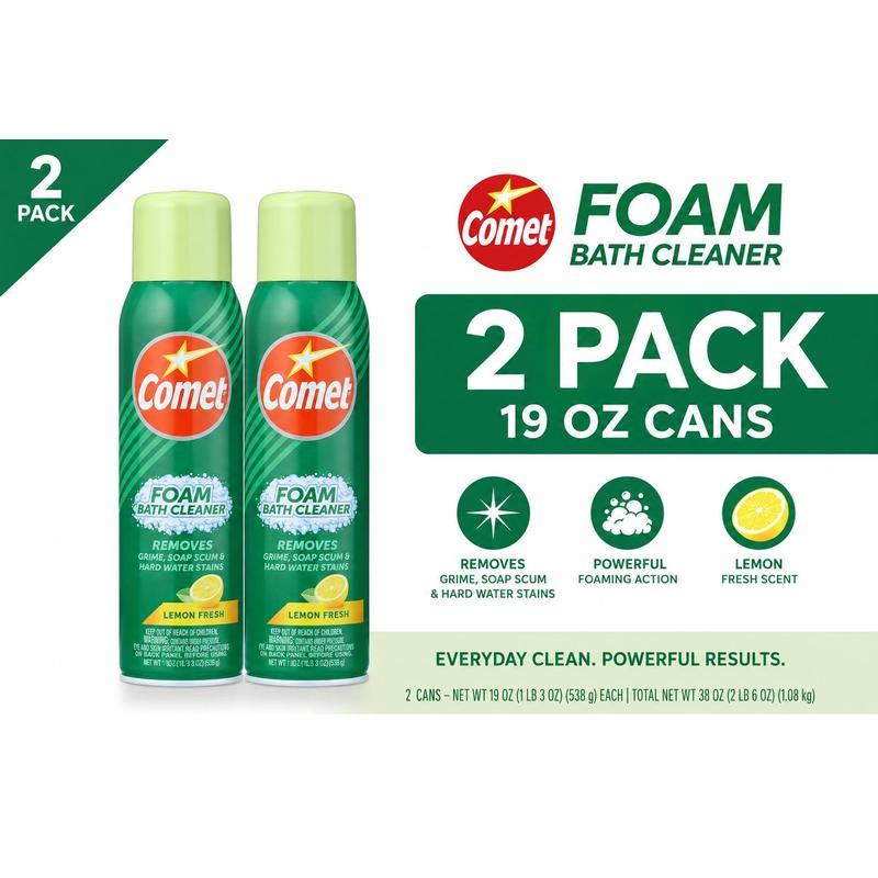 Comet Foam Bath Cleaner Spray 2-Pack Lemon Fresh, 19 oz Each Powerful Foaming Bathroom Cleaner Removes Soap Scum Grime & Hard Water Stains for Tubs Tiles & Shower Walls, 38 oz Total