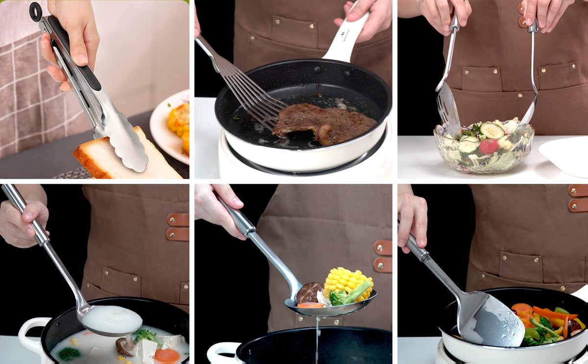 Stainless Steel Kitchen Utensils Set 12-Piece with Holder - Heat Resistant Cooking Utensils Set with Spatula, Ladle, Tongs, Whisk, Skimmer & More, Dishwasher Safe Metal Kitchen Tool Set