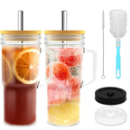 Glass Cup with Lid and Straw 24oz Large Handle Tumbler for Iced Tea Coffee – Set of 2 or 4 with Cleaning Brushes Holiday Gift