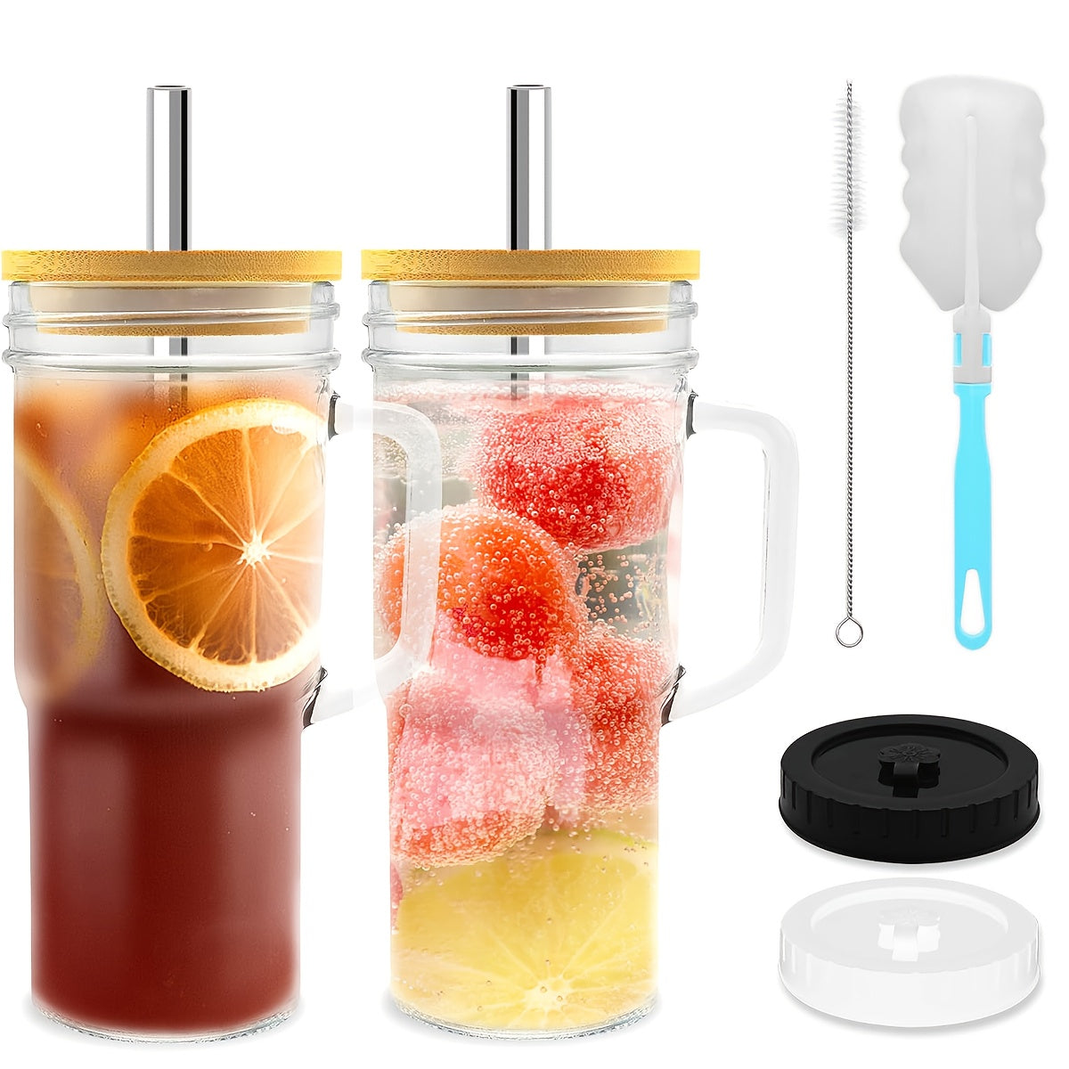 Glass Cup with Lid and Straw 24oz Large Handle Tumbler for Iced Tea Coffee – Set of 2 or 4 with Cleaning Brushes Holiday Gift